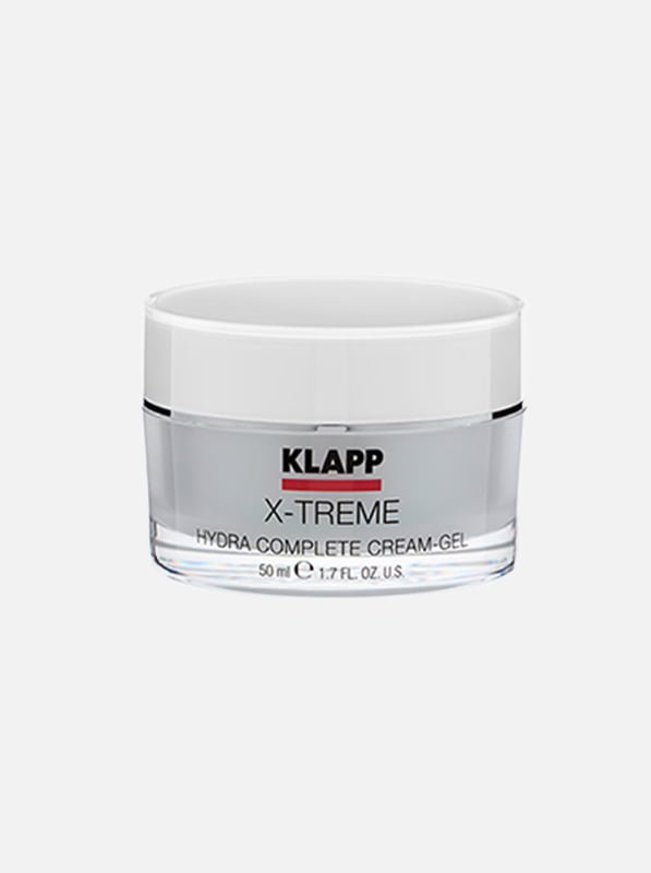 KLAPP X-Treme Hydra Complete Cream-Gel in a clear jar, designed for deep hydration and skin nourishment, 50ml size.