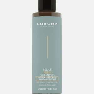 Luxury Hair Pro Relive Purix Shampoo for dandruff and dry scalp, 250ml bottle with organic aloe vera extract.