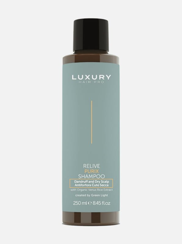 Luxury Hair Pro Relive Purix Shampoo for dandruff and dry scalp, 250ml bottle with organic aloe vera extract.