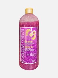 Miss Spa Exfoliating Shower Gel with white fragrance in a 740ml bottle, featuring pink gel and exfoliating beads for a refreshing cleanse.