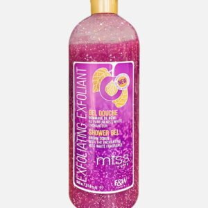 Miss Spa Exfoliating Shower Gel with white fragrance in a 740ml bottle, featuring pink gel and exfoliating beads for a refreshing cleanse.