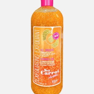 So Carrot Exfoliating Shower Gel in a 750ml bottle with a vibrant orange color and glittery texture, featuring a carrot fragrance.