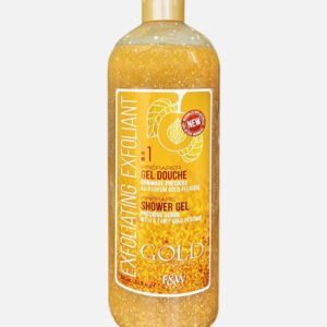 Gold exfoliating shower gel in a clear bottle with a golden cap, featuring exfoliating beads for skin rejuvenation, 500ml size.