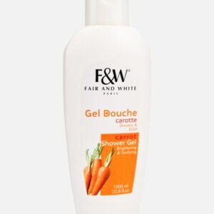 Fair and White Carrot Shower Gel in a 1000ml bottle, featuring bright orange packaging with carrot graphics for brightening and toning skin.