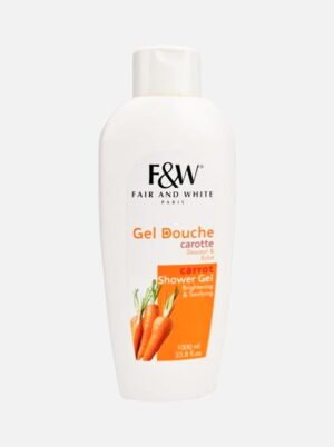 Fair and White Carrot Shower Gel in a 1000ml bottle, featuring bright orange packaging with carrot graphics for brightening and toning skin.