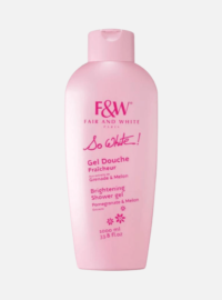 Fair and White So White Brightening Shower Gel in a pink bottle, featuring pomegranate and melon extracts for skin brightening.