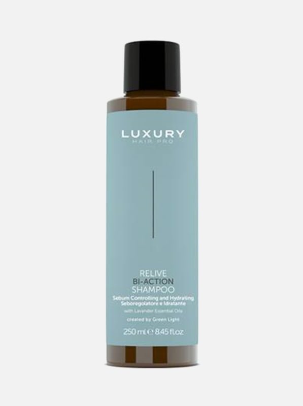 Luxury Hair Pro Relive Bi-Action Shampoo in a 250ml bottle, designed for sebum control and hydration with essential oils.