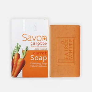 Fair & White carrot soap bar with packaging, designed for exfoliation and natural radiance, featuring carrot extract for skin benefits.