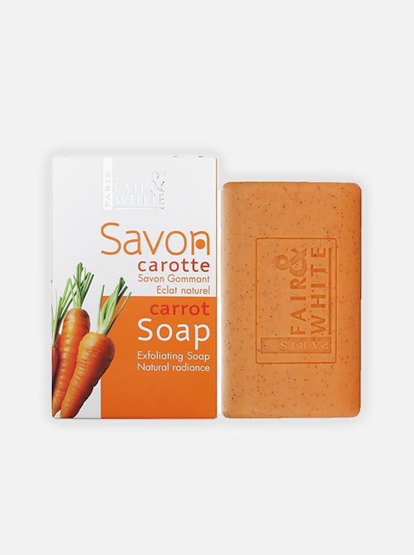 Fair & White carrot soap bar with packaging, designed for exfoliation and natural radiance, featuring carrot extract for skin benefits.