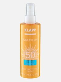 KLAPP Immun Sun Body Protection Spray with SPF 50 in an orange bottle, offering high sun protection for the skin.