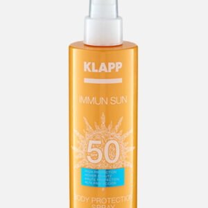 KLAPP Immun Sun Body Protection Spray with SPF 50 in an orange bottle, offering high sun protection for the skin.