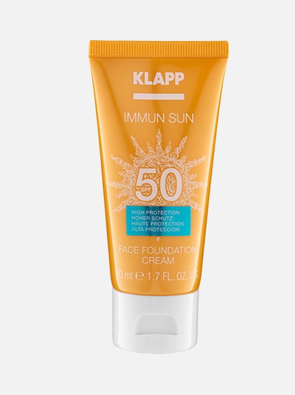 KLAPP Immun Sun Face Foundation Cream with SPF 50, offering high protection for the skin in a 50 ml tube, suitable for daily use.