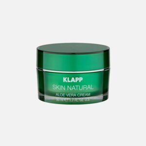 KLAPP Skin Natural Aloe Vera Cream in a green jar, 50ml, designed for hydration and soothing skin with aloe vera.