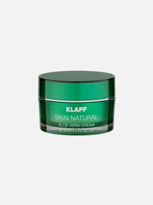 KLAPP Skin Natural Aloe Vera Cream in a green jar, 50ml, designed for hydration and soothing skin with aloe vera.