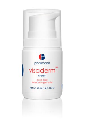 Visaderm cream by Pharmann for acne care, 50 ml bottle with pump dispenser, promoting faster and safer skin treatment.