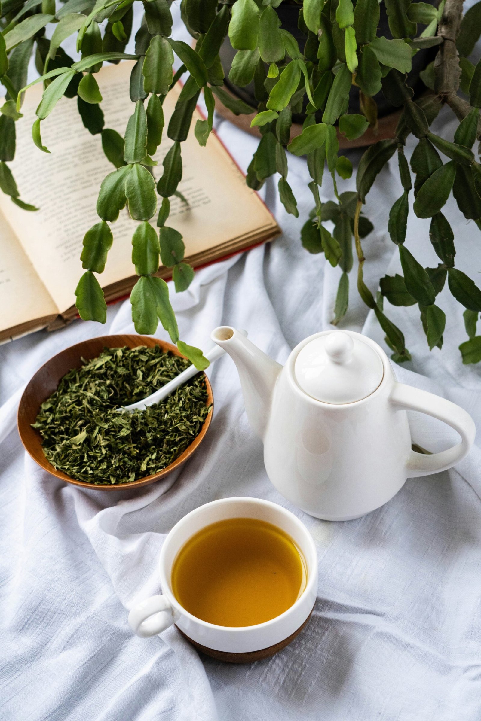 green tea .. a cup of tea next to a bowl of tea and a book